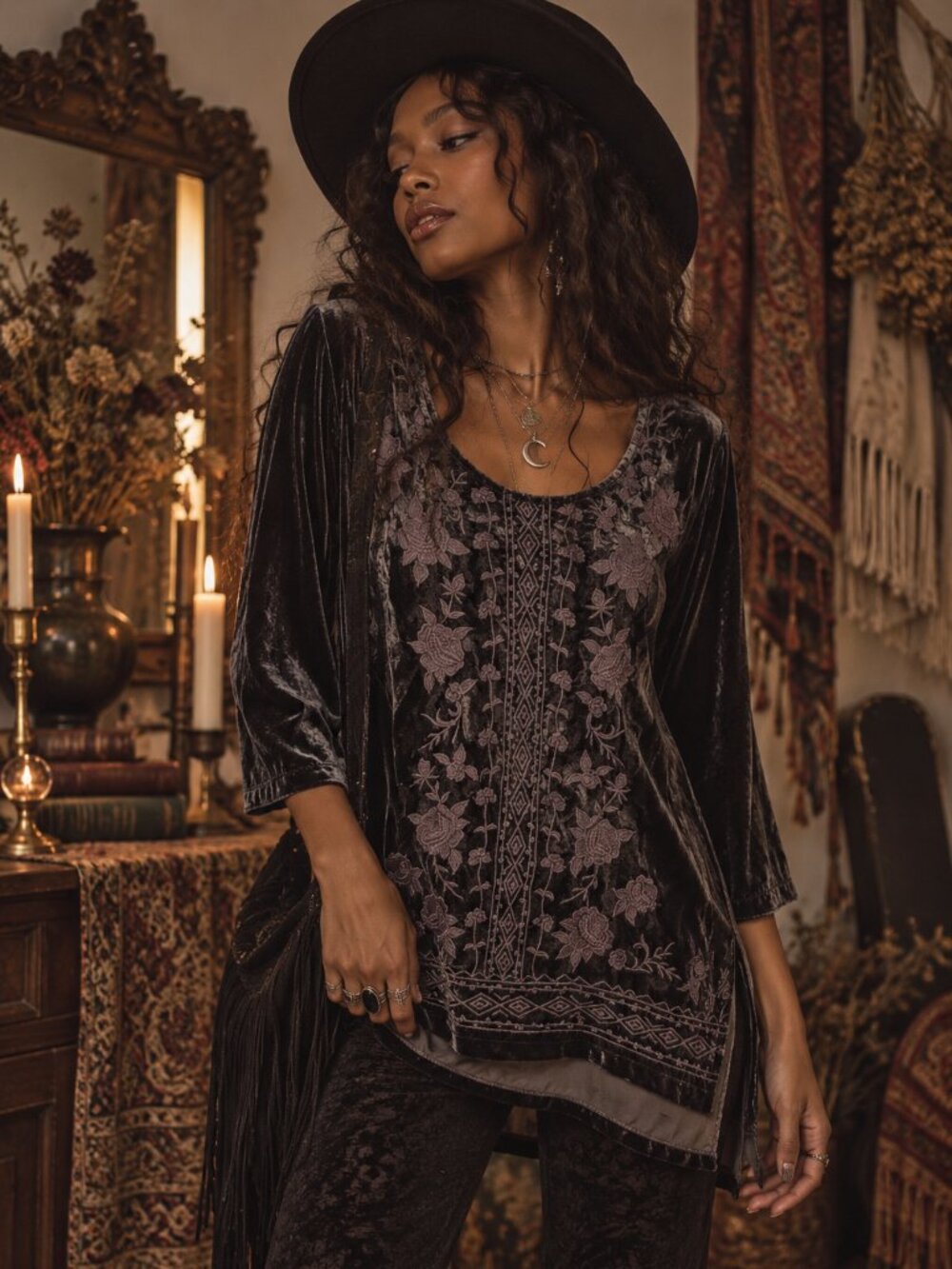 Kyla Seo Embroidered Velvet Boho Tunic Top